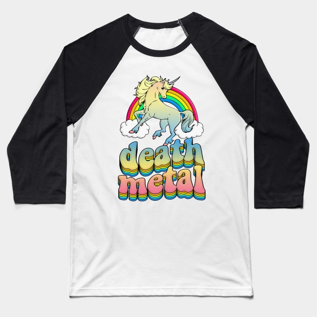 Death Metal Unicorn Rainbow Graphic Design Logo Baseball T-Shirt by DankFutura